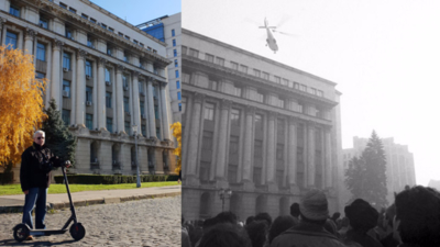 In stanga - Sorin Lupsa, in decembrie 2019, fotografiat la 12:09, exact ora la care a surprins elicopterul lui Ceausescu decoland de pe sediul CC in urma cu fix 30 de ani (foto: Cristian Otopeanu). In dreapta - imaginea cu elicopterul, din 22 decembrie 1989 (foto: Agerpres / Sorin Lupsa)